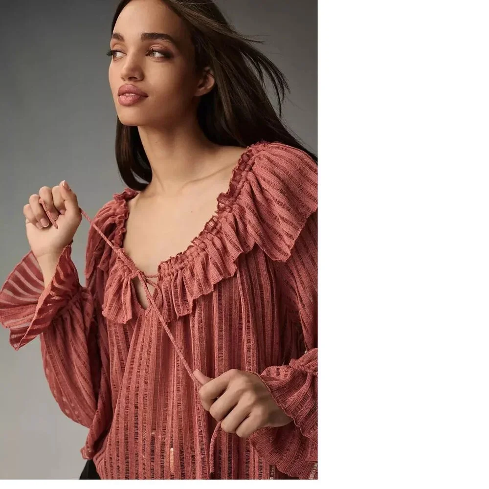 By Anthropologie Long-Sleeve Sheer Striped Crop Blouse top nwt new with tag - Picture 7 of 7